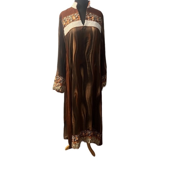 Vintage Lined Coffee & Toffee Embellished Abaya, Kaftan DressWith scarf, M/L